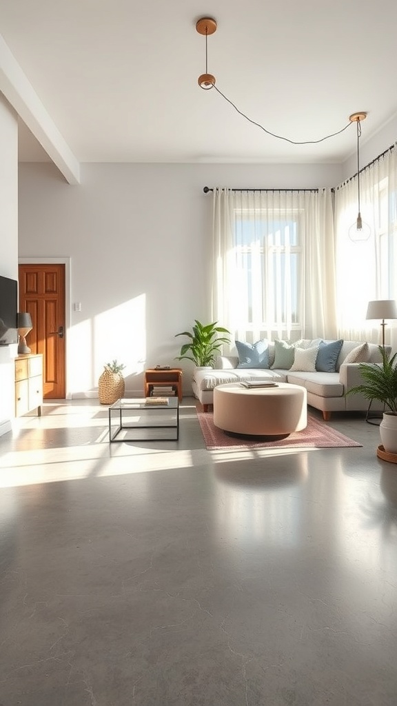 A bright living room featuring minimalist decor and polished concrete floors.