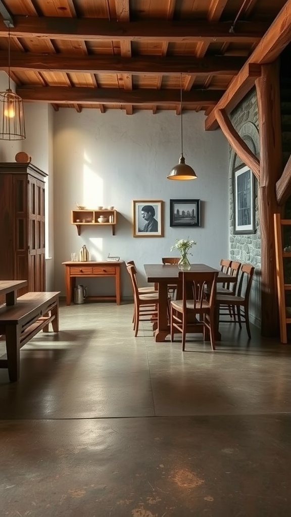 A living room featuring stained concrete floors with warm tones and wooden accents.