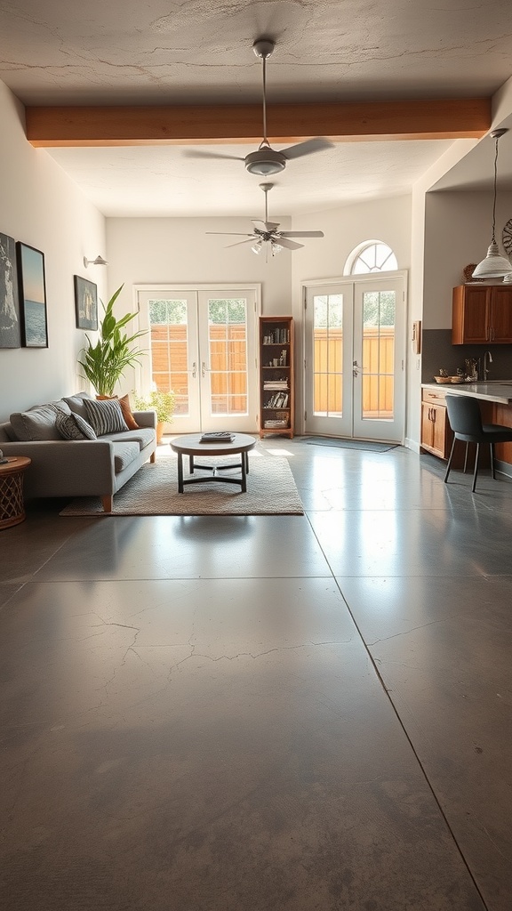Stylish living area with polished stained concrete floors, showcasing a seamless indoor-outdoor flow.