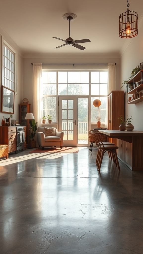 A bright interior room featuring polished stained concrete floors, large windows, and wooden furniture.
