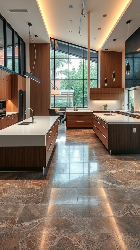 Modern kitchen with stained concrete look epoxy floors and sleek cabinetry.