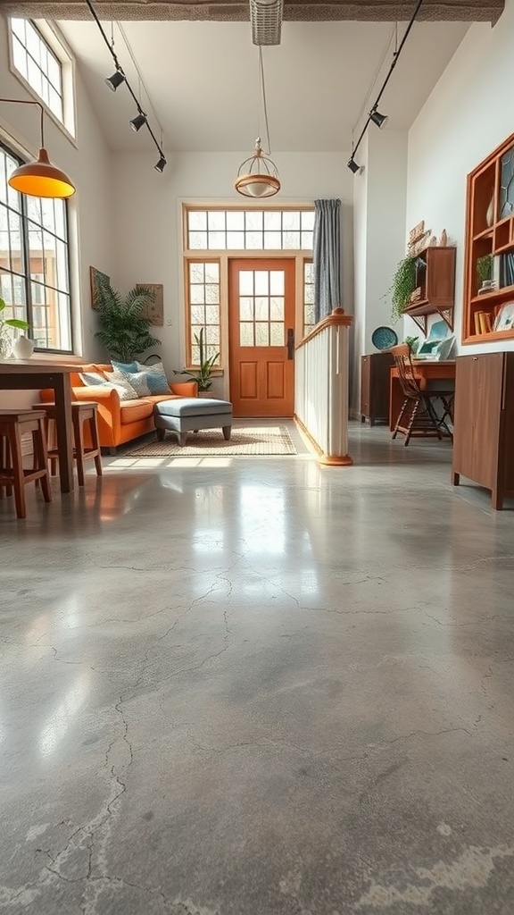 Interior view showcasing a stylish stained concrete floor with natural light.