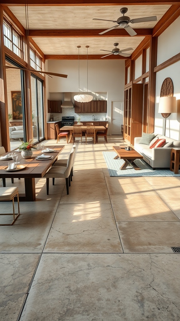 An inviting living space with tan stained concrete floors, showcasing a modern dining area and kitchen.