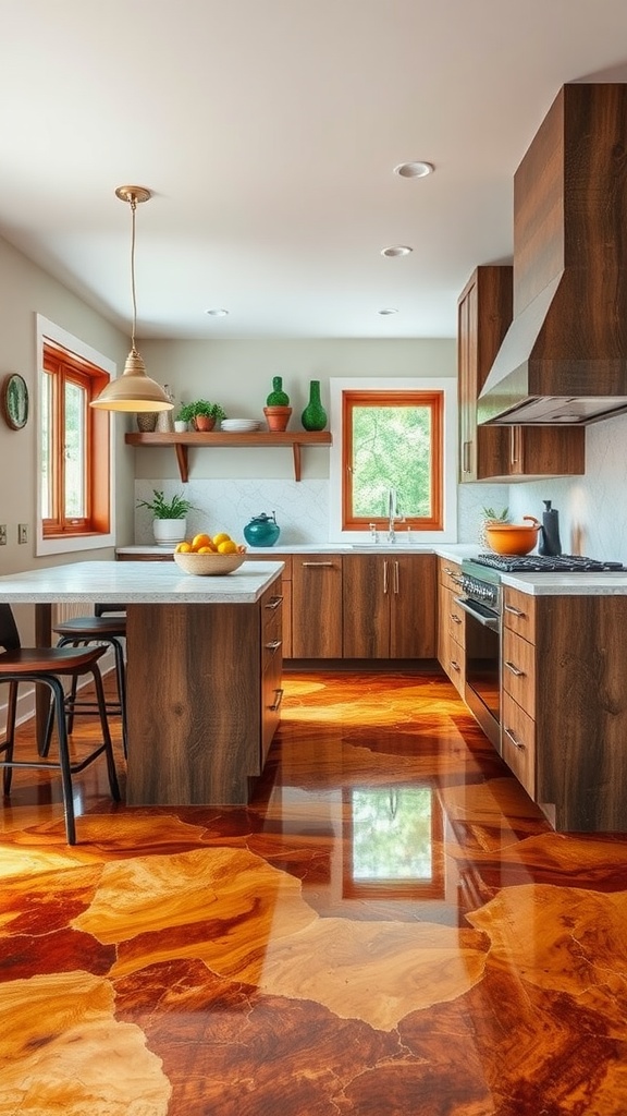 A modern kitchen with stained epoxy flooring featuring leaf patterns and wood tones.