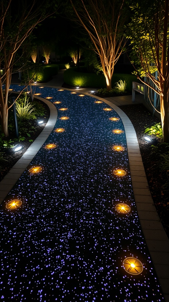 A winding epoxy pathway illuminated by embedded lights, featuring a starry design and surrounded by lush greenery