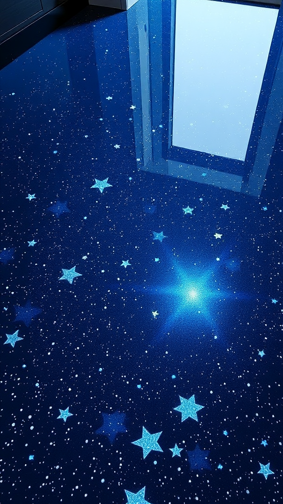 Epoxy floor design featuring a night sky with stars and a glowing effect.