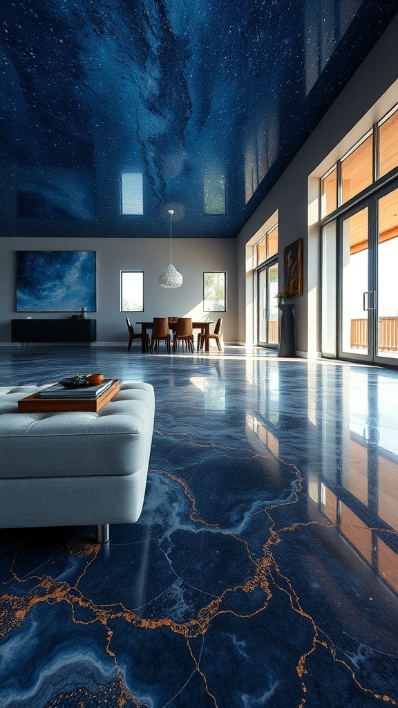 Epoxy floor with starlit night sky design and copper accents