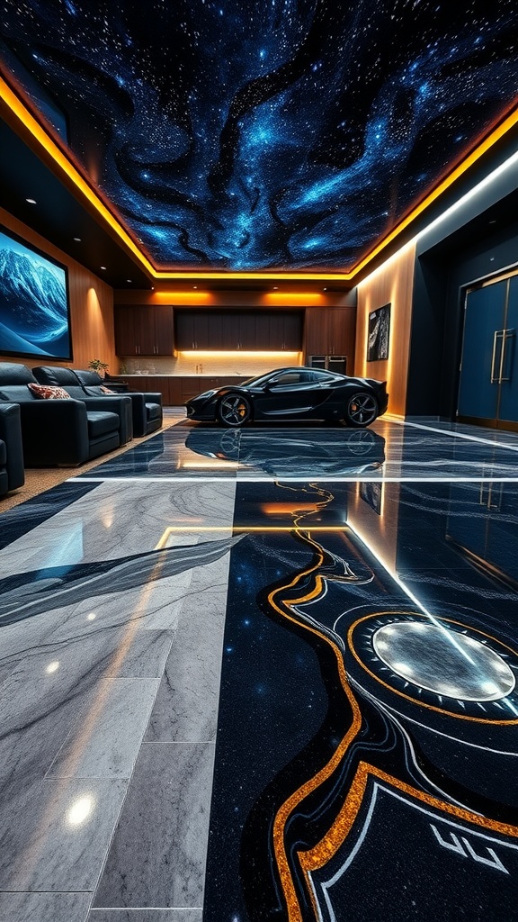 Epoxy flooring design resembling a starlit night sky in a modern garage.