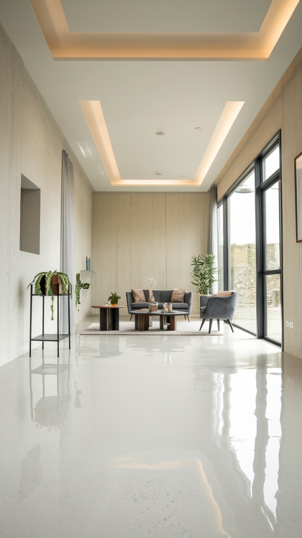 A modern living room with a sleek white epoxy floor, showcasing a stylish interior design.
