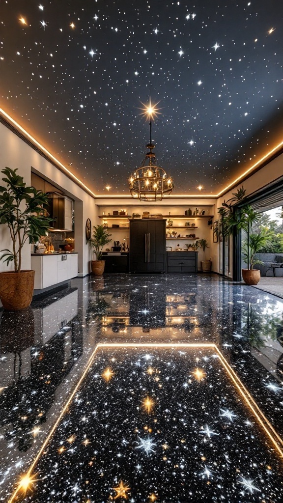 A stunning garage interior featuring a starlit sky effect with a glossy black epoxy floor and starry ceiling.