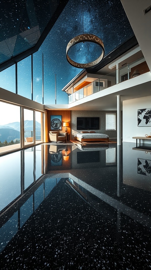 A modern living space featuring a starry sky epoxy design on the floor, showcasing a stunning view of nature through large windows.
