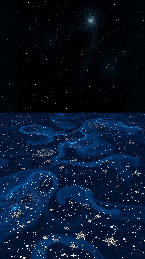 An artistic epoxy floor design resembling a starry night sky with swirling patterns and sparkling stars