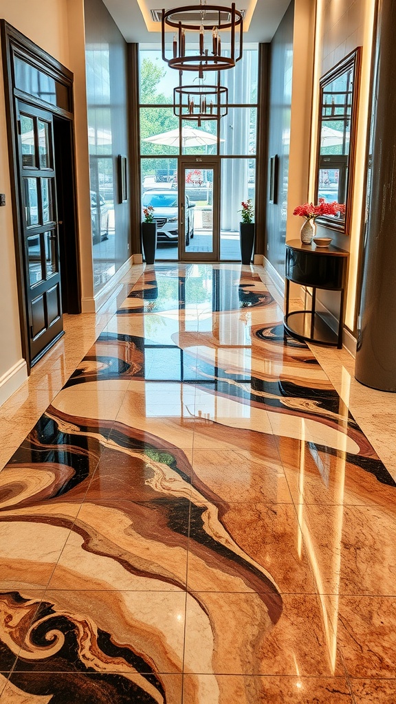 A stylish entryway featuring a beautiful epoxy floor design with rich colors and patterns.
