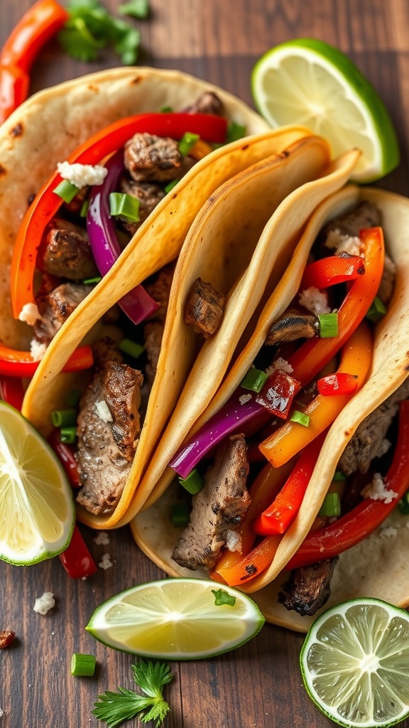 Delicious steak fajita tacos with colorful peppers and onions