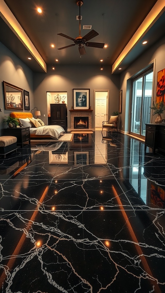 Luxurious black marble epoxy floor in a stylish living space