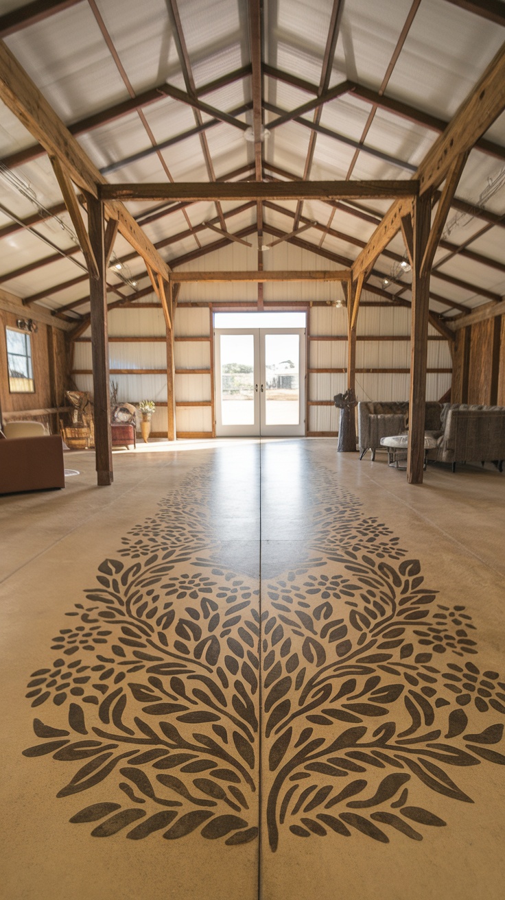 A spacious barndominium interior with a stenciled epoxy floor design featuring floral patterns.