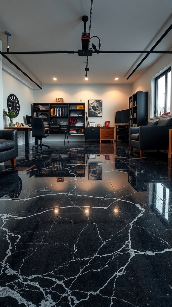 Stylish black marble epoxy floor in a modern office setting