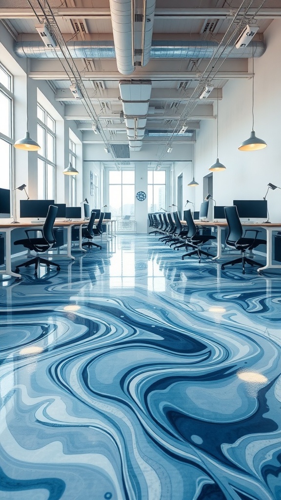 A black epoxy floor with gold and blue accents and bright pink lettering.