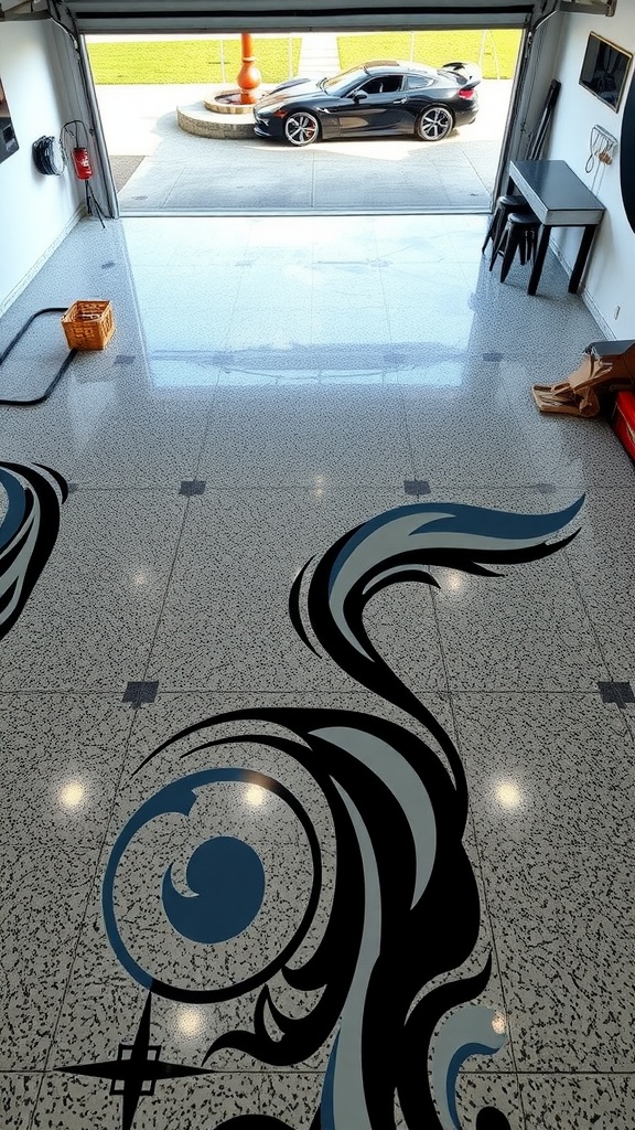 A view of a garage with a stenciled epoxy floor design, showcasing a glossy surface and intricate patterns.