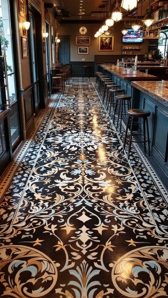 A bar interior featuring a beautifully patterned epoxy floor with intricate designs.