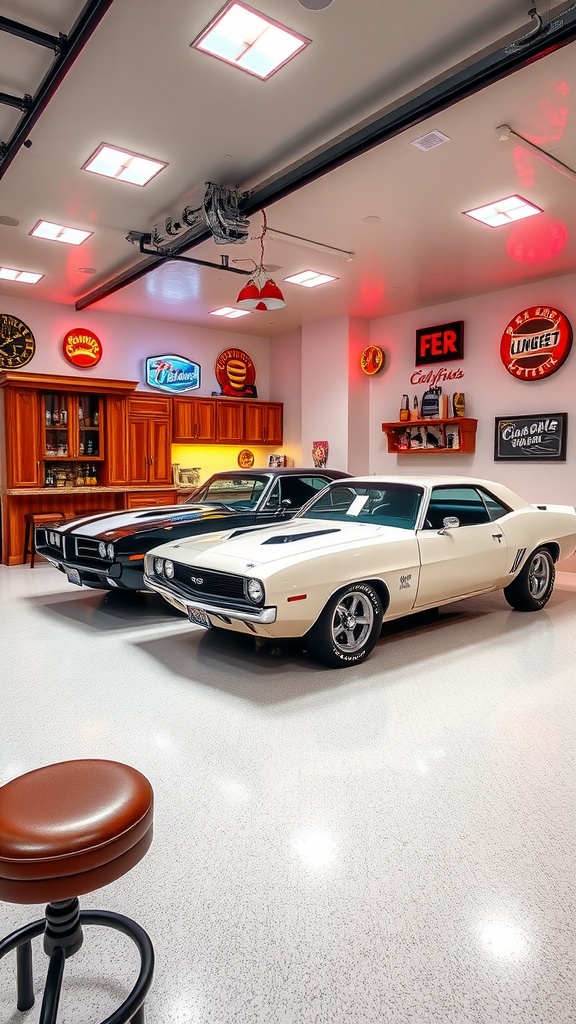Stenciled epoxy floor design in a garage