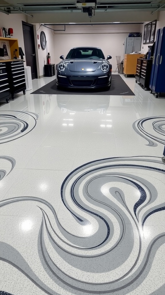 A garage with a black car and an epoxy floor showcasing stenciled patterns.