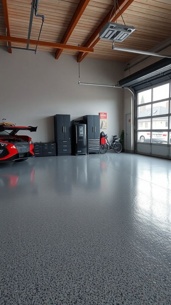 An interior garage space with tools and equipment, showing the area designated for epoxy application.