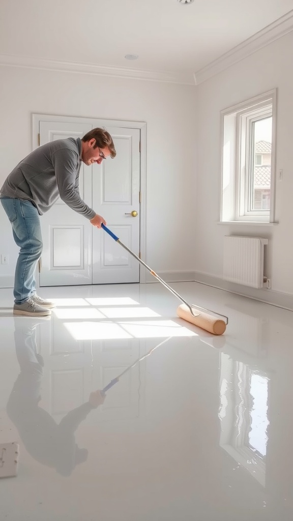 A person applying epoxy to a bright room floor with a roller.
