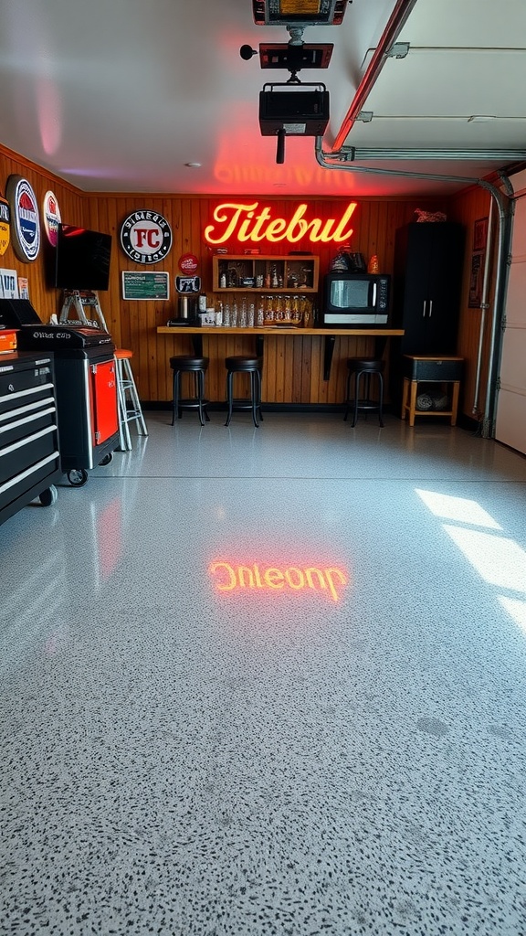 A stylish garage bar with a shiny epoxy floor reflecting a neon sign, showcasing a sleek design and rustic charm.
