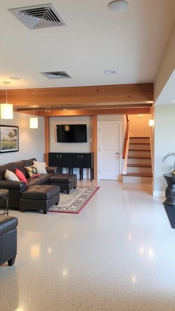 Before and after comparison of a basement floor showing the transformation from an unfinished look to a shiny, finished epoxy floor.