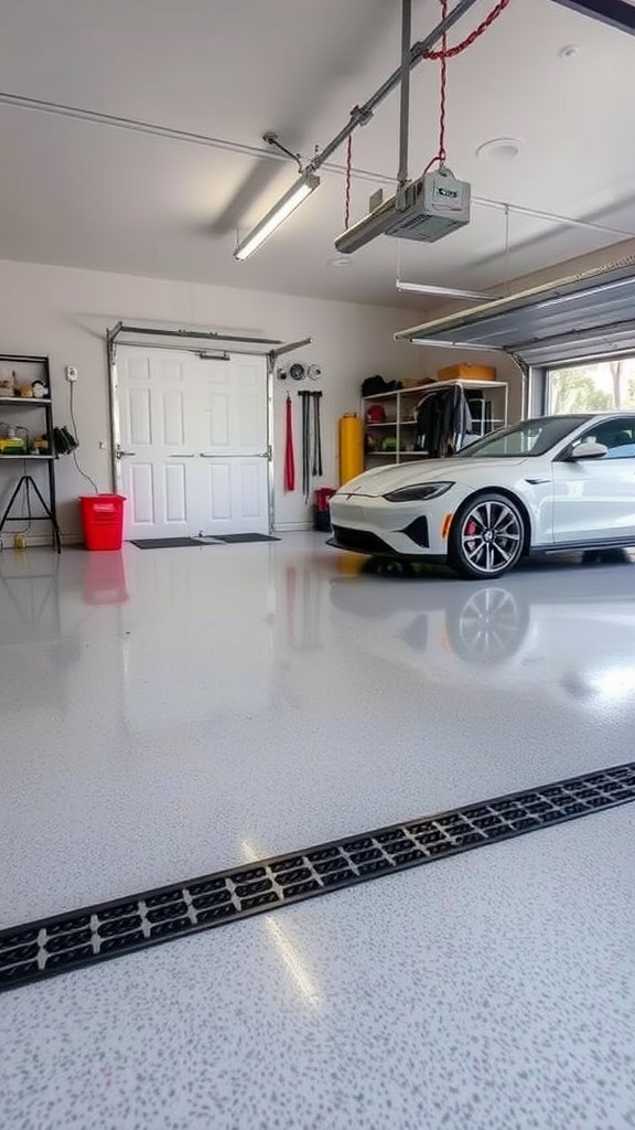 A person applying epoxy flooring in a garage, showcasing a colorful and patterned surface.