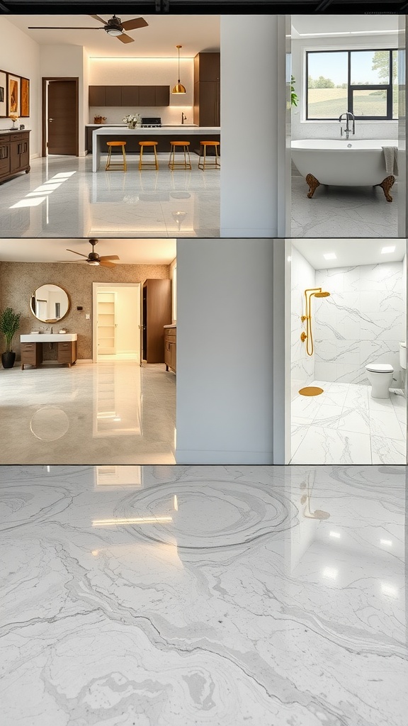 A stylish interior featuring various rooms with high-gloss epoxy flooring, showcasing modern design elements.