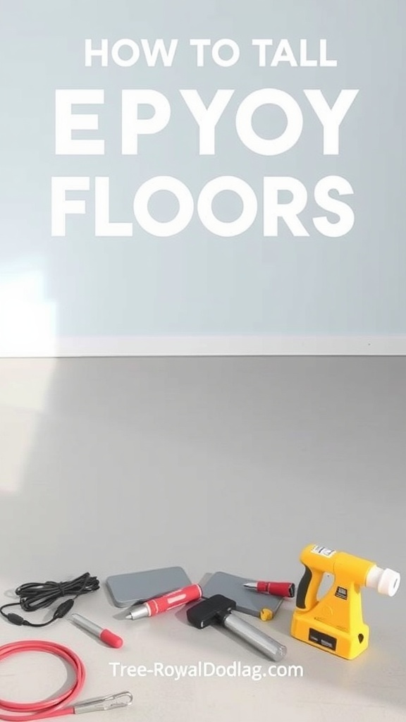Tools needed for epoxy floor installation including a mixing drill, spreaders, and rollers