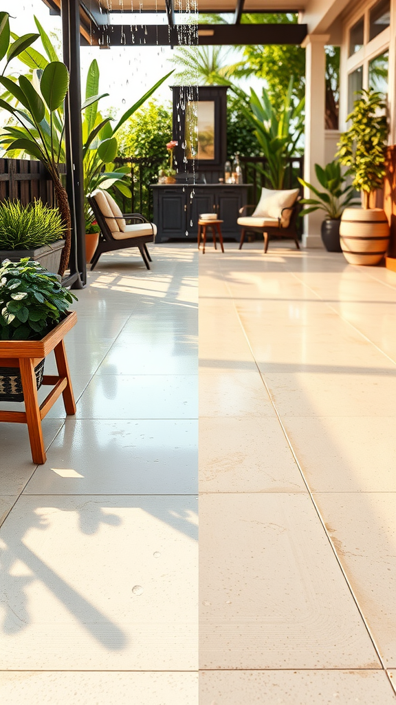 Comparison of outdoor space before and after epoxy flooring installation