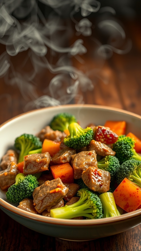 A delicious bowl of stir-fried beef and broccoli with colorful vegetables.