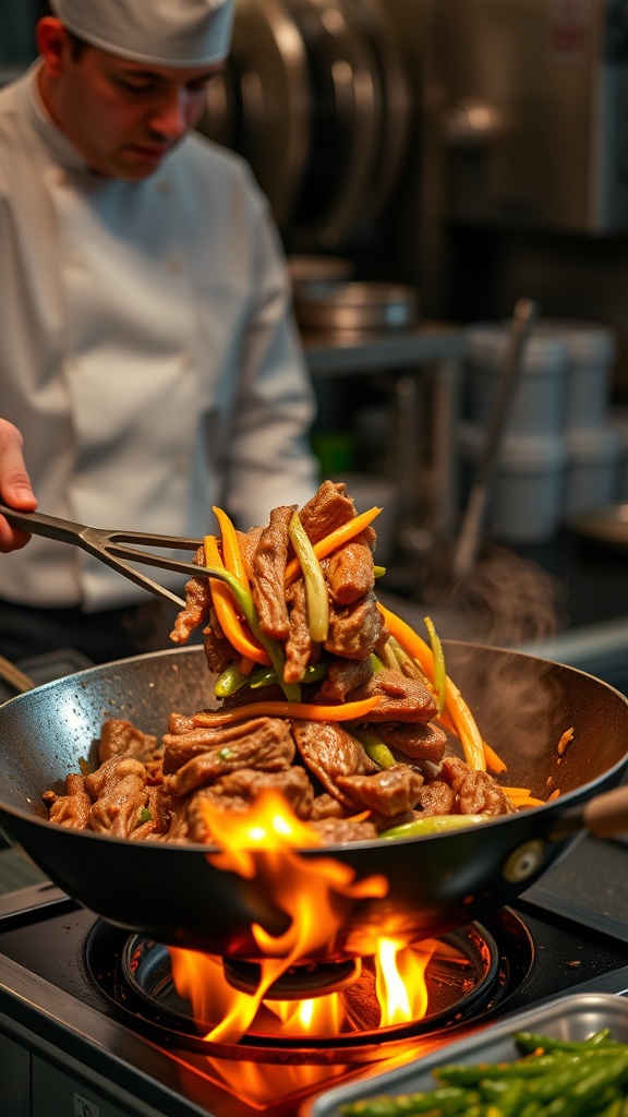 Stir-frying technique used in making beef and broccoli lo mein