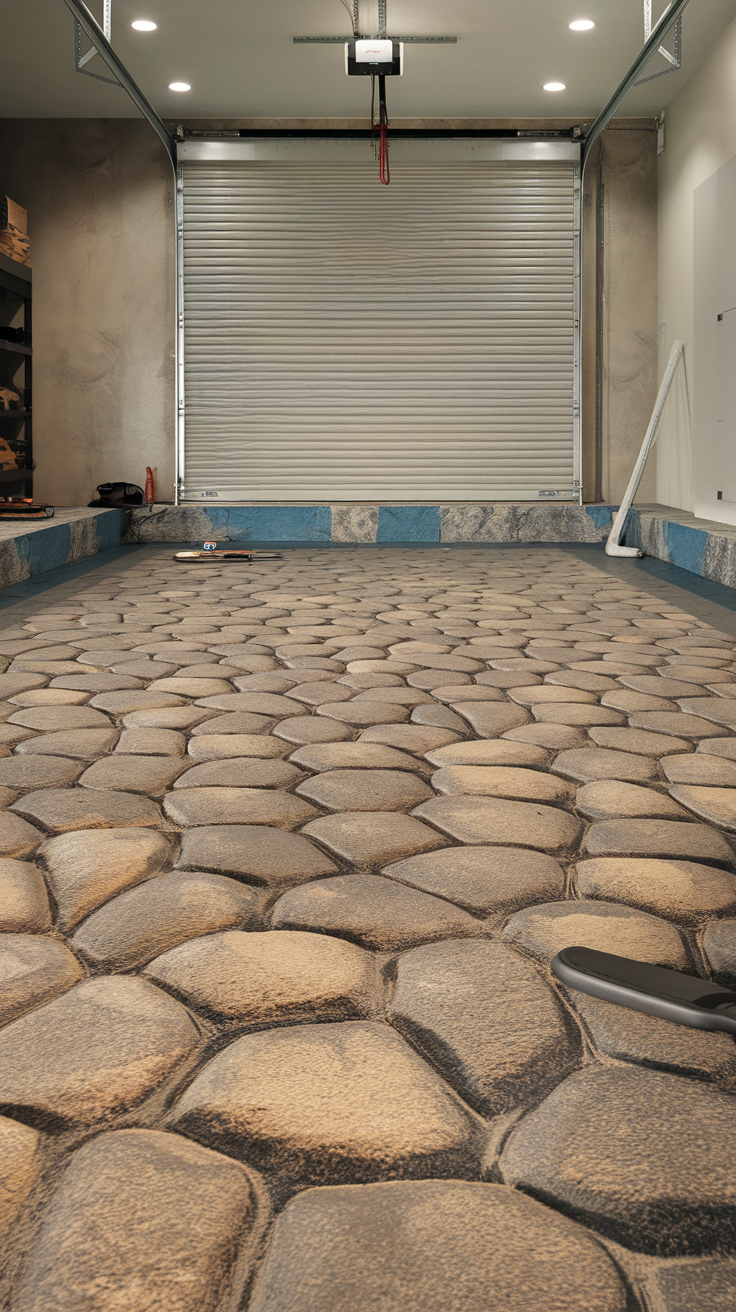 Floor with a stone-like epoxy finish in a garage setting
