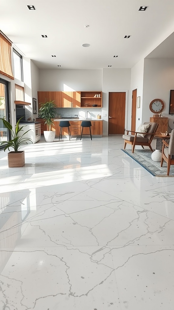 A modern living room with stone-look epoxy flooring that mimics marble, featuring a stylish kitchen area.