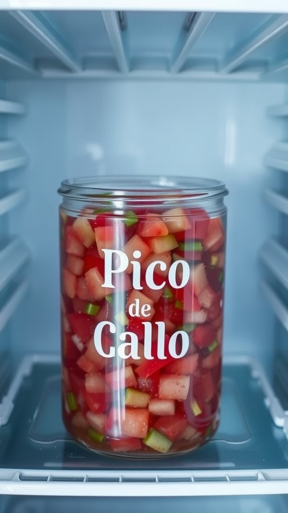 A jar of Pico de Gallo stored in a refrigerator.