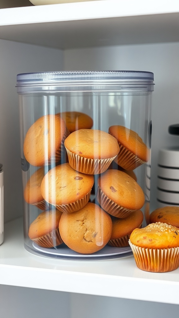 Freshly baked cinnamon sugar donut muffins in a clear container.