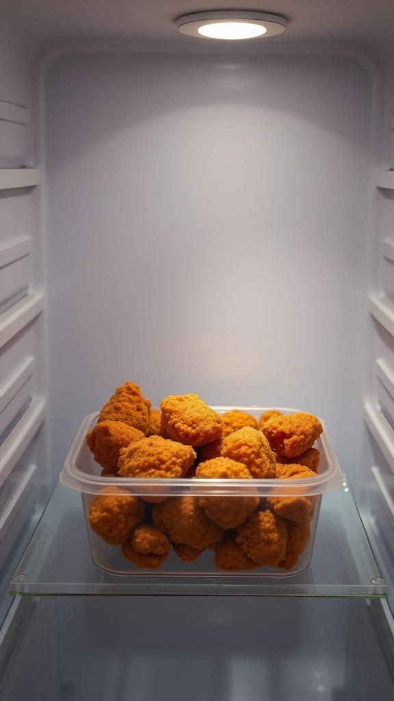 Container of leftover crispy Bang Bang Chicken in a fridge