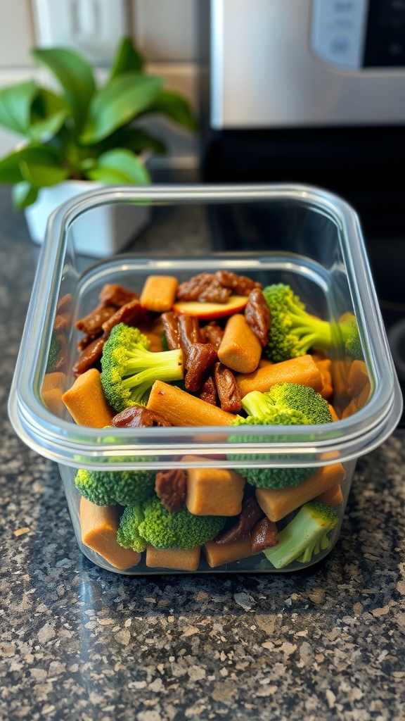 A container filled with beef, broccoli, and noodles, ready for storage.
