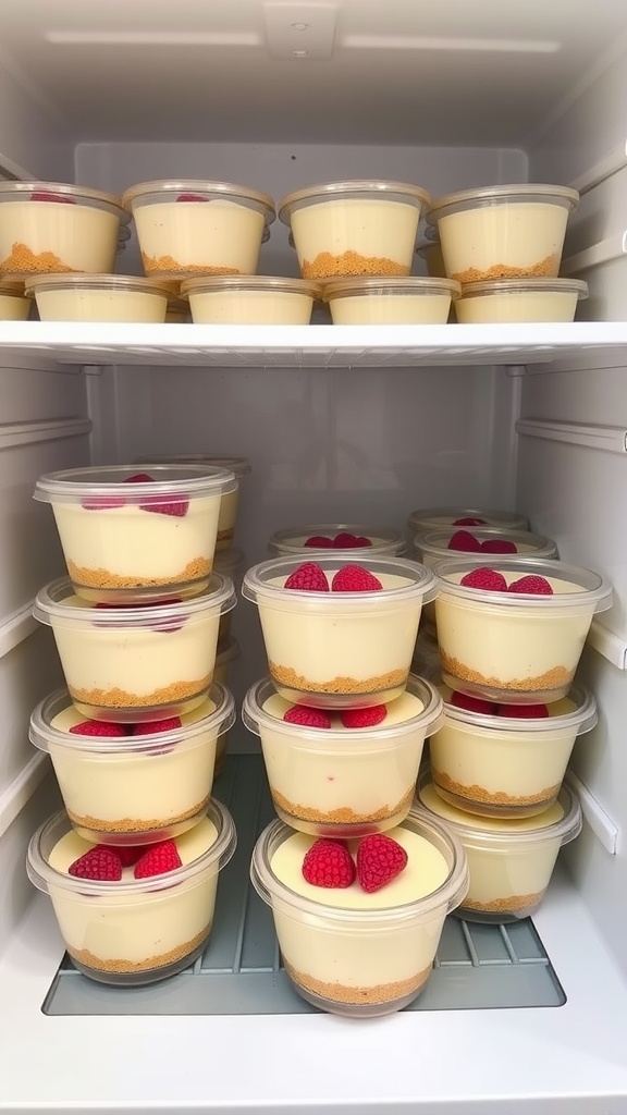 No Bake Lemon Raspberry Cheesecake Cups in a refrigerator
