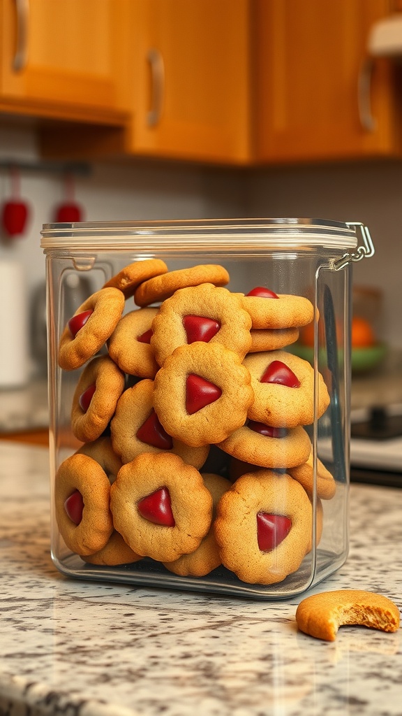 A jar filled with candy apple cookies, showcasing their vibrant color and playful shape.