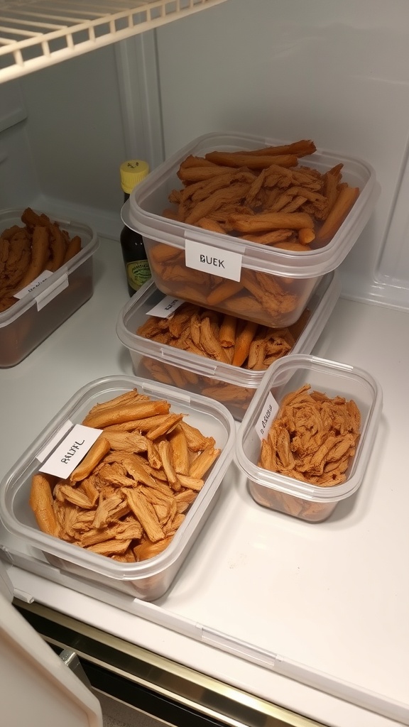 Containers of pulled pork in a refrigerator