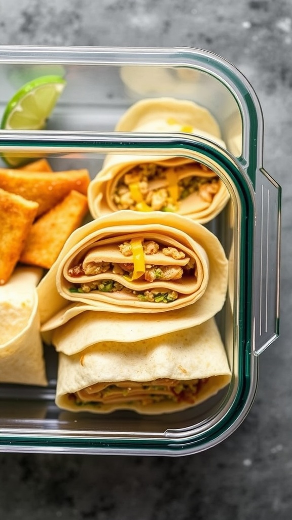 A container filled with cheesy garlic chicken wraps and snacks.
