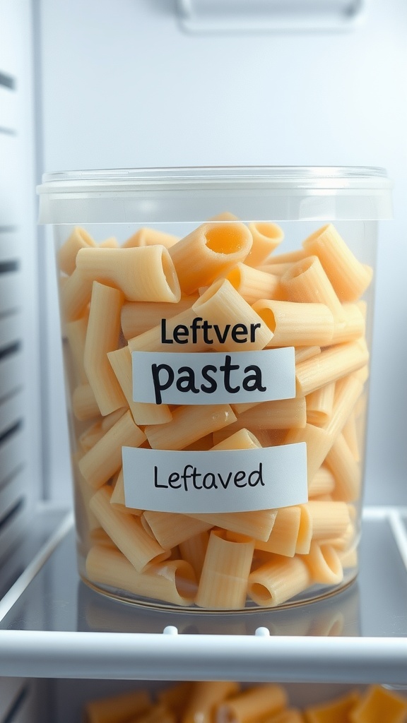 A container of leftover pasta with a label indicating it's for later use