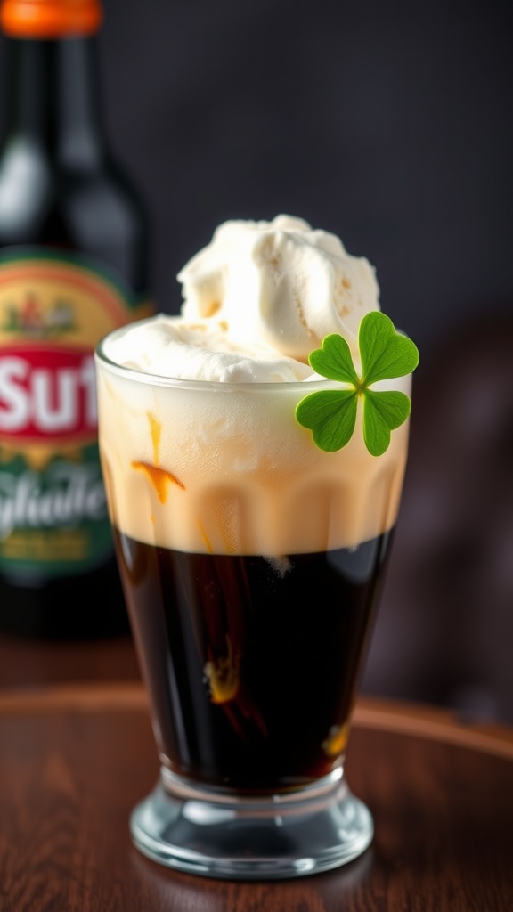 A Stout and Shamrock Float, featuring stout beer, vanilla ice cream, and whipped cream, garnished with a shamrock.
