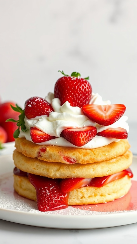 A beautiful strawberry shortcake with layers of cake, strawberries, and whipped cream.