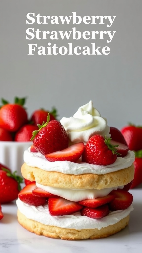 Strawberry shortcake with layers of whipped cream and sliced strawberries